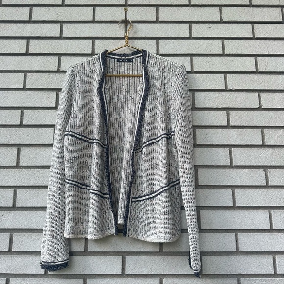 NIC+ZOE Fringe Trim Open Front Textured Knit Jacket Medium Charcoal Cream - Picture 1 of 8